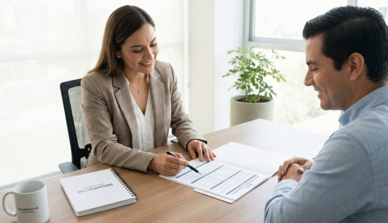 Asesora de Neoethernal explicando a un cliente cómo usar su póliza de seguro de gastos médicos mayores en una oficina.
