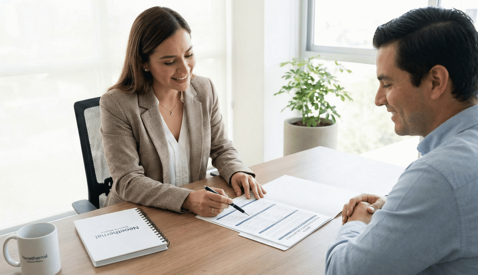 Asesora de Neoethernal explicando a un cliente cómo usar su póliza de seguro de gastos médicos mayores en una oficina.