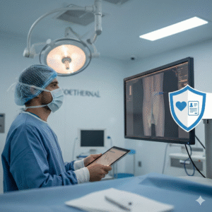 Cirujano especialista en CDMX revisando procedimiento de hernia inguinal por laparoscopia para paciente con seguro de gastos médicos.