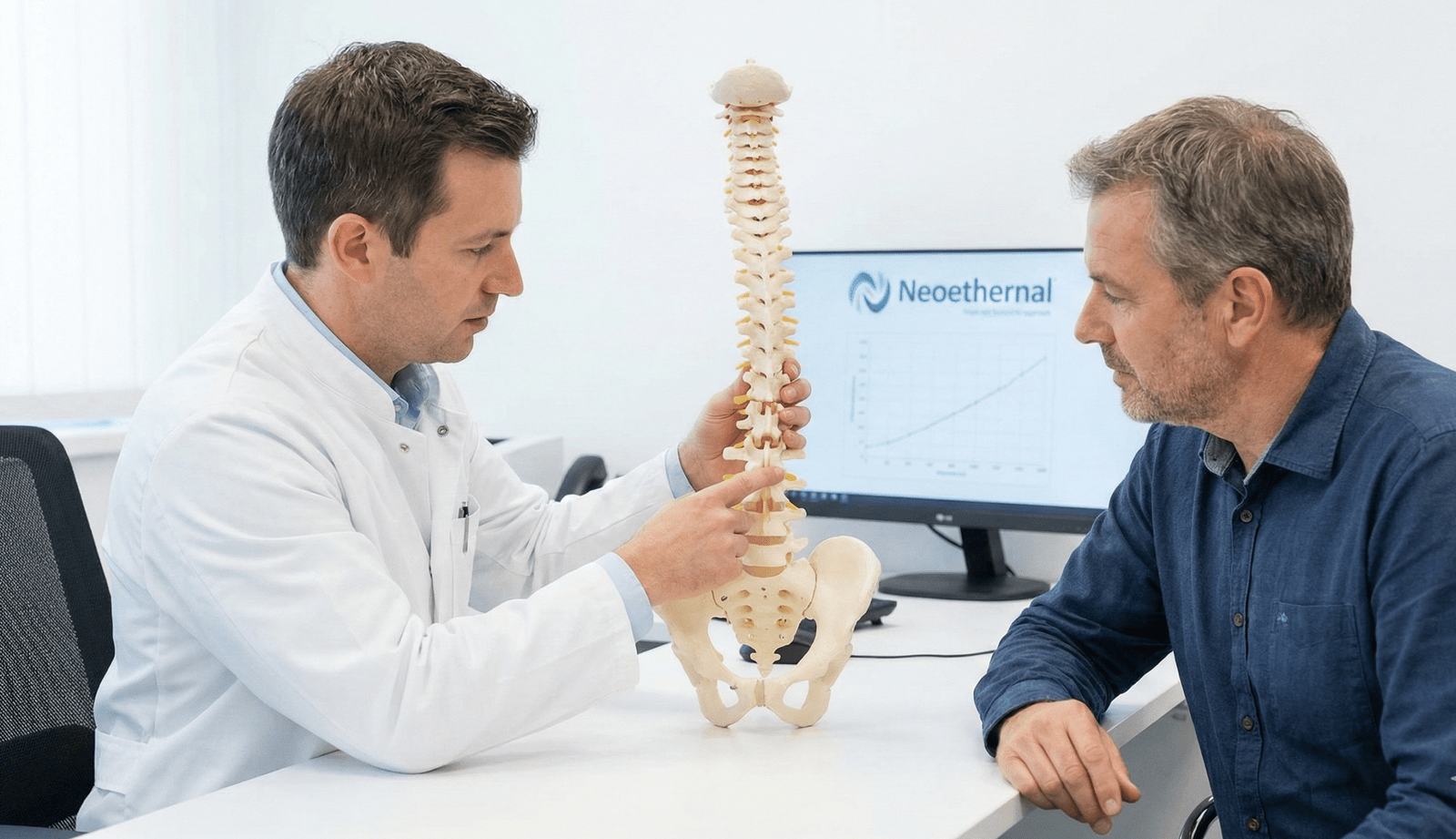Doctor explicando modelo de columna vertebral a paciente preocupado por el costo de la cirugía