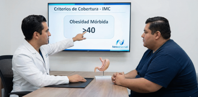 Médico bariatra explicando criterios de IMC para manga gástrica a paciente con obesidad