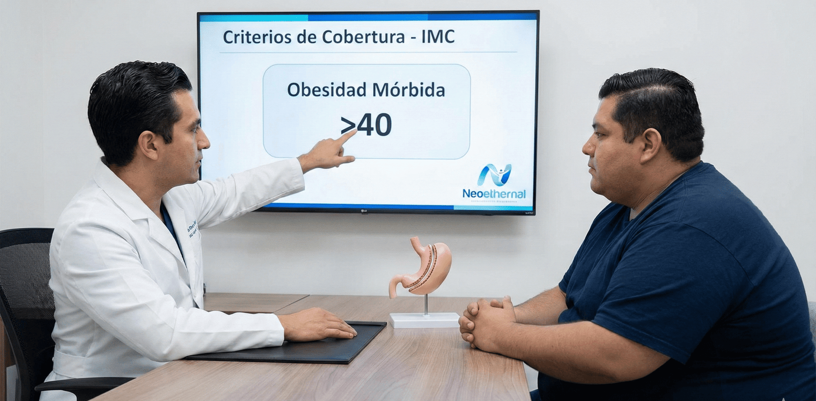 Médico bariatra explicando criterios de IMC para manga gástrica a paciente con obesidad