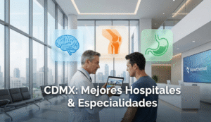 Doctor explicando a paciente sobre cirugía en los mejores hospitales de CDMX para neurología, ortopedia y gastroenterología con apoyo de Neoethernal