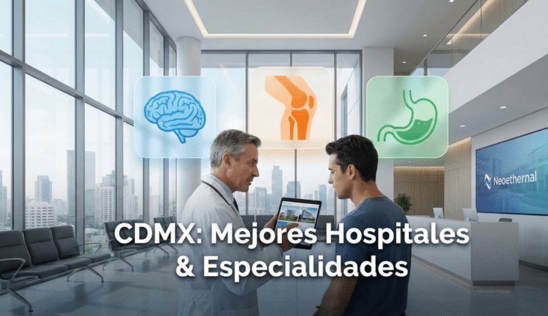 Doctor explicando a paciente sobre cirugía en los mejores hospitales de CDMX para neurología, ortopedia y gastroenterología con apoyo de Neoethernal