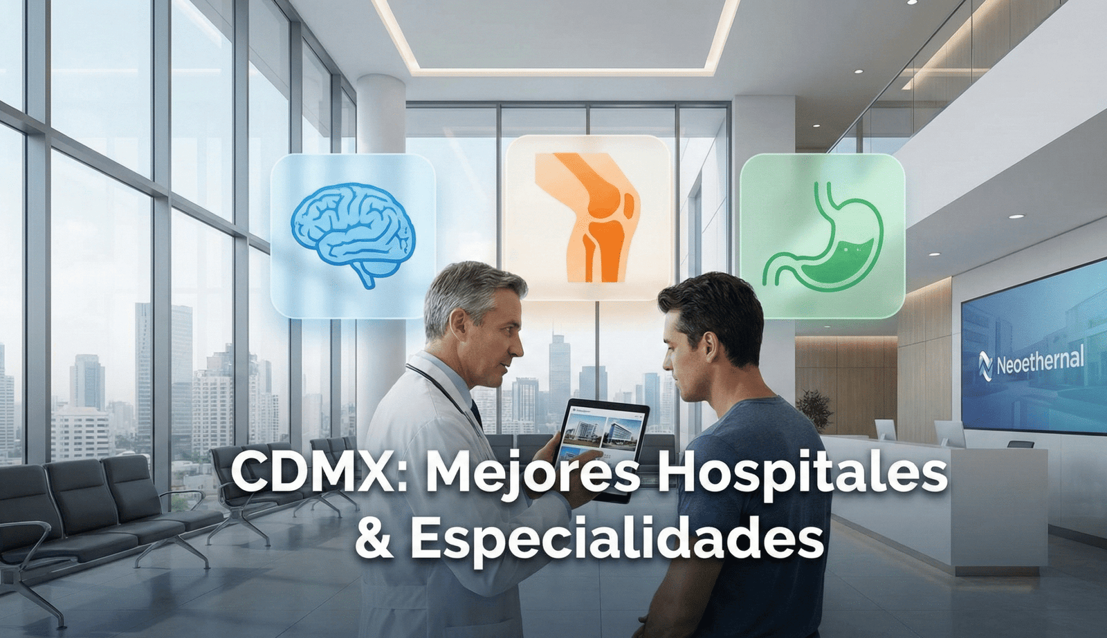 Doctor explicando a paciente sobre cirugía en los mejores hospitales de CDMX para neurología, ortopedia y gastroenterología con apoyo de Neoethernal
