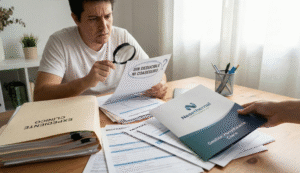 Hombre confundido revisando papeles sobre seguro sin deducible ni coaseguro, recibiendo ayuda con una carpeta de gestión hospitalaria clara de Neoethernal.