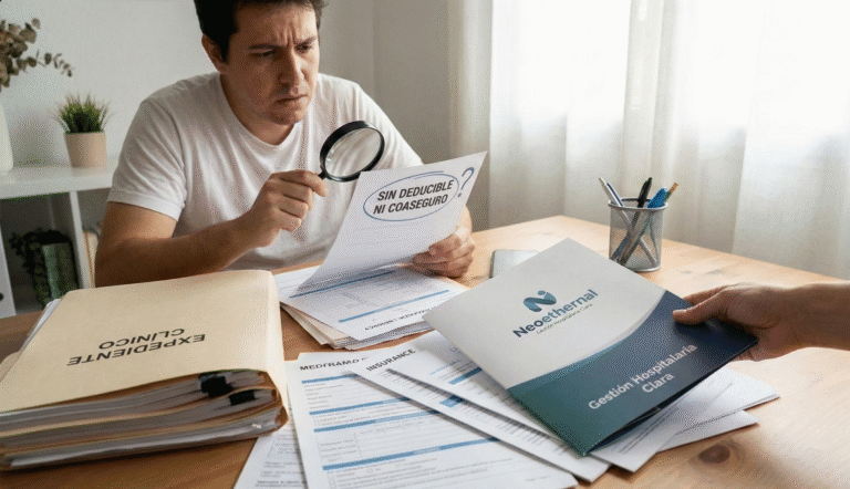 Hombre confundido revisando papeles sobre seguro sin deducible ni coaseguro, recibiendo ayuda con una carpeta de gestión hospitalaria clara de Neoethernal.