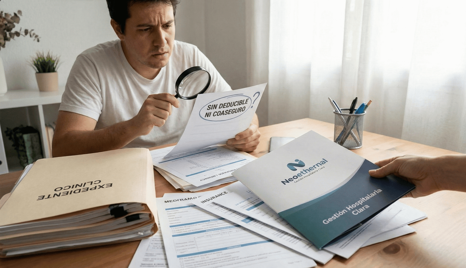 Hombre confundido revisando papeles sobre seguro sin deducible ni coaseguro, recibiendo ayuda con una carpeta de gestión hospitalaria clara de Neoethernal.