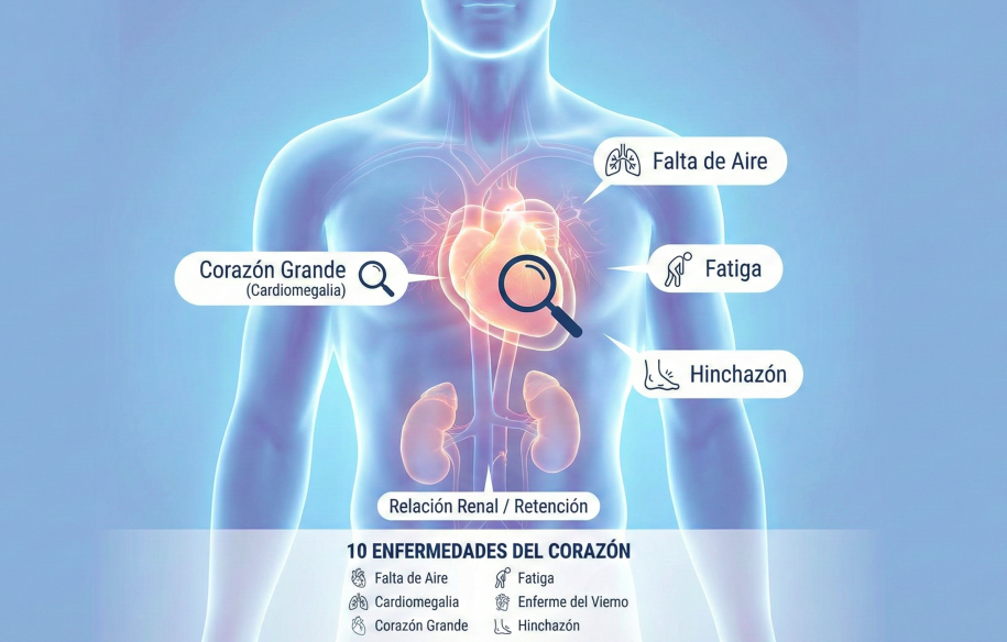 Ilustración médica comparativa de un corazón sano vs corazón grande con síntomas de insuficiencia cardíaca